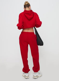 back view of model wearing Princess Polly Dream Fleece Ankle Cuff Sweatpants Red High Rise Pants Pants 