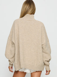 back view of model wearing Princess Polly Patrizia Funnel Neck Knit Sweater Beige Jumpers 