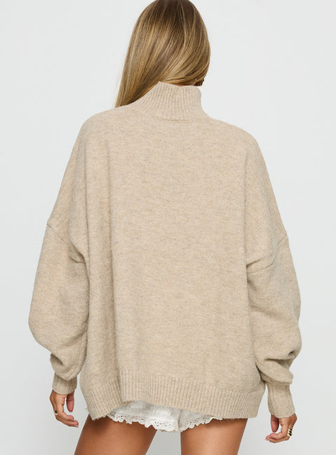 back view of model wearing Princess Polly Patrizia Funnel Neck Knit Sweater Beige Jumpers 