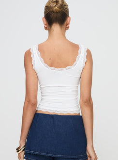 back view of model wearing Princess Polly Primavera Top White Sleeveless Plunger 