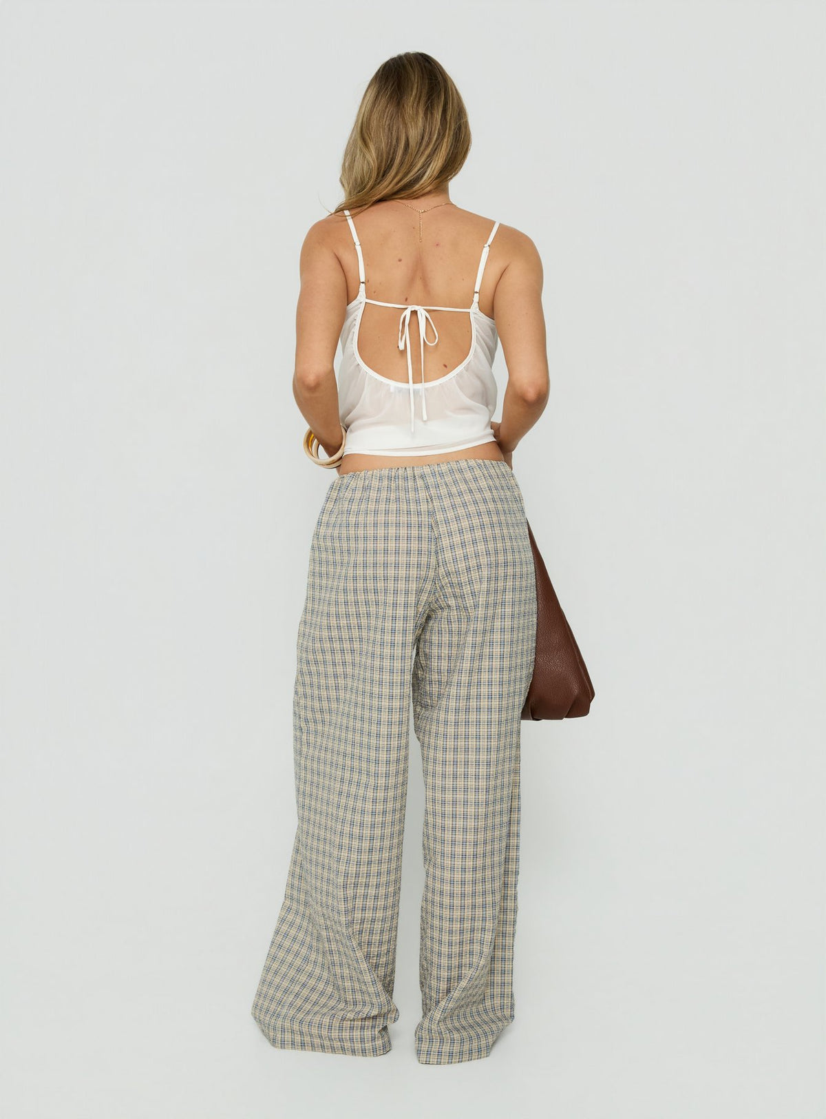 Styled in Lunea Concealed Waistband Pants Multi Check womens-regular-pants with high-rise checkered wide-leg back view of model wearing Princess Polly