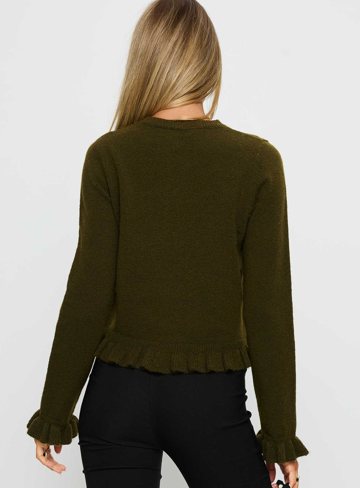 Browse the Inclination Frill Cardigan Moss womens-jumpers in short length back view of model wearing Princess Polly