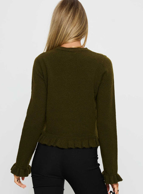 Browse the Inclination Frill Cardigan Moss womens-jumpers in short length back view of model wearing Princess Polly