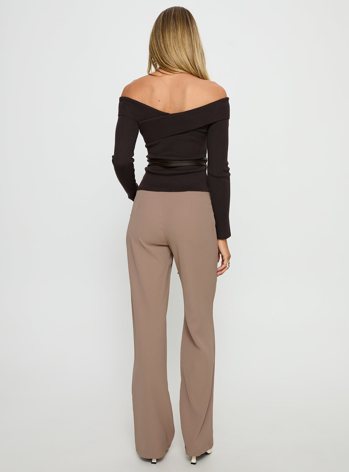 back view of model wearing Princess Polly Narratives Wrap Tie Trouser Pant Taupe Mid Rise Pants Pants 