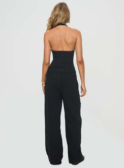 back view of model wearing Princess Polly Felipe Linen Blend Pants Black Pants 