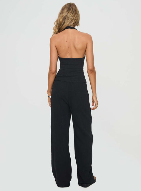 back view of model wearing Princess Polly Felipe Linen Blend Pants Black Pants 