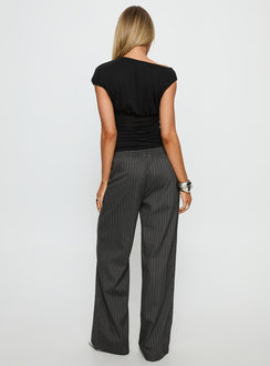 back view of model wearing Princess Polly Jaysa Baggy Wide Leg Pant Grey Pinstripe High Rise Pants Pants 