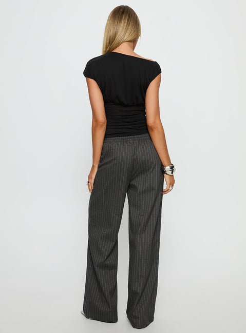 back view of model wearing Princess Polly Jaysa Baggy Wide Leg Pant Grey Pinstripe High Rise Pants Pants 