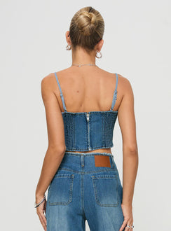 back view of model wearing Princess Polly Vihaan Top Blue Wash Sleeveless Square Neck 