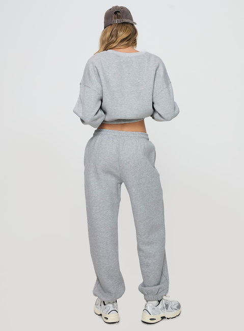 back view of model wearing Princess Polly Dream Fleece Ankle Cuff Sweatpants Grey Marle High Waisted Pants 