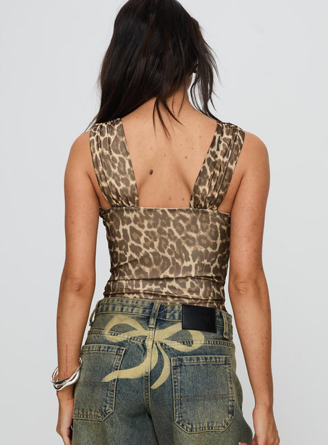 back view of model wearing Princess Polly Serenata Bodysuit Leopard Sleeveless Bodysuit 