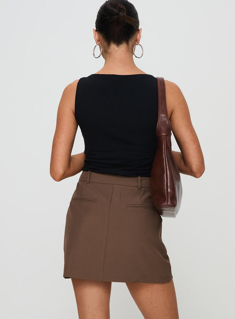 back view of model wearing Princess Polly Sabyna Tailored Mini Skirt Brown Mini Skirts Skirts 