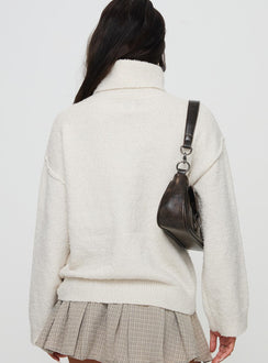 back view of model wearing Princess Polly Finnien Boucle Turtleneck Sweater Cream Longline Jumpers Jumpers 