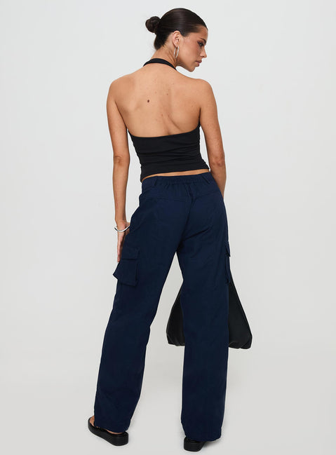back view of model wearing Princess Polly Major General Cargo Pant Navy Low Rise Pants Pants 