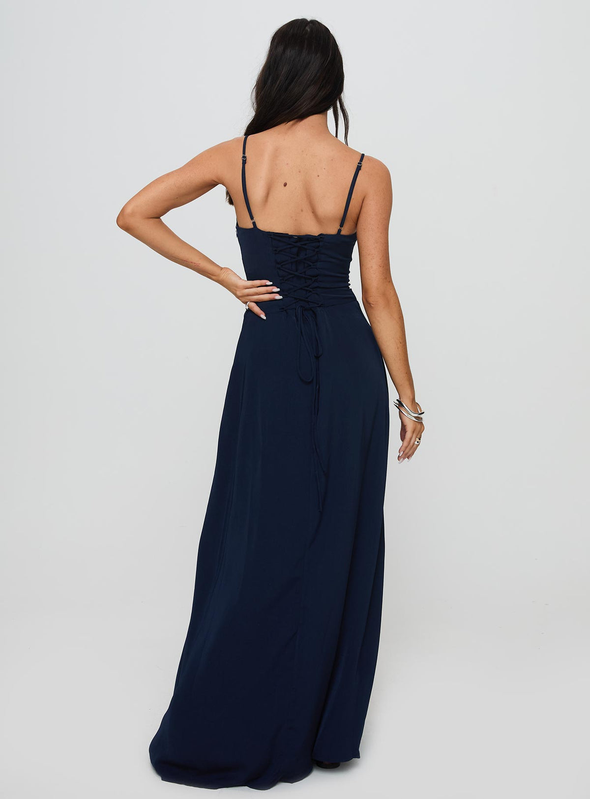 back view of model wearing Princess Polly Eleanora Maxi Dress Navy Sweetheart Neckline 