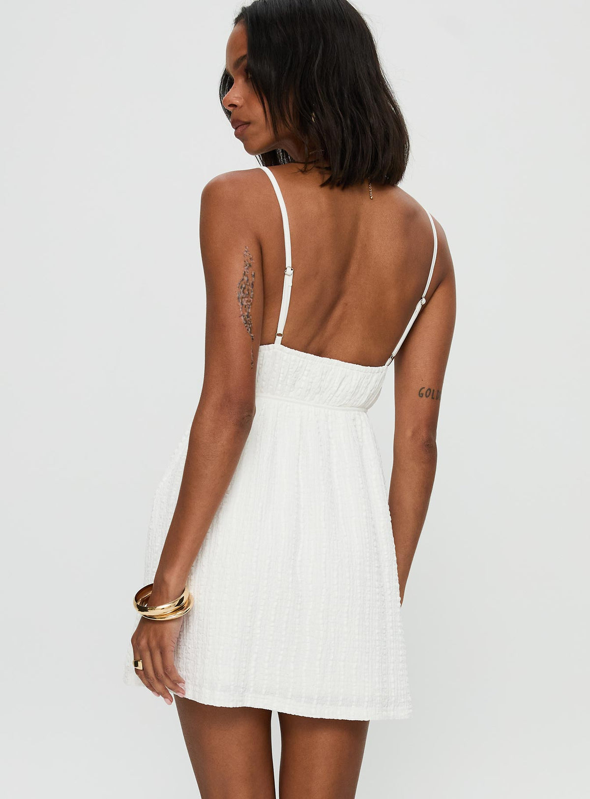 back view of model wearing Princess Polly All Too Well Mini Dress White V-Neck 