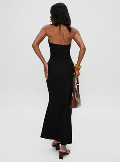 back view of model wearing Princess Polly Rapture Halter Maxi Dress Black Plunger 