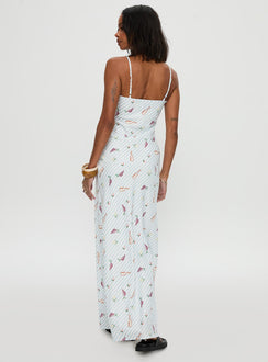 back view of model wearing Princess Polly Charcuterie Maxi Dress Blue Scoop Neck 