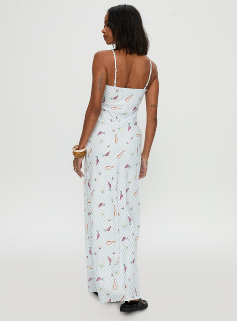 back view of model wearing Princess Polly Charcuterie Maxi Dress Blue Scoop Neck 