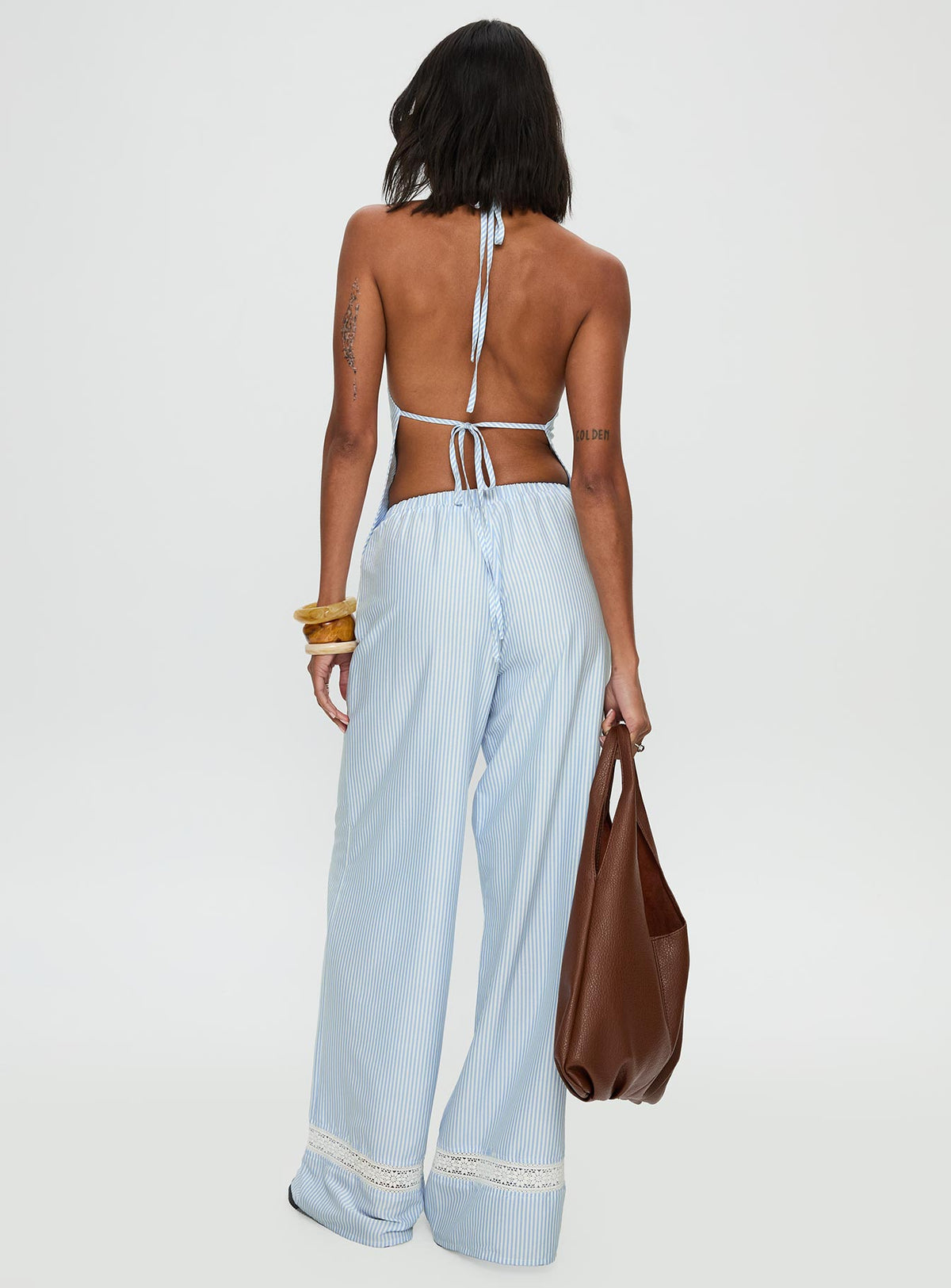 back view of model wearing Princess Polly Summer Too Hot Pant Blue Stripe High Rise Pants Pants 