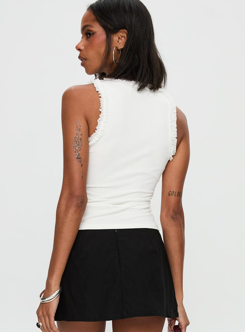 back view of model wearing Princess Polly Danyia Frill Top White Sleeveless V-Neck 