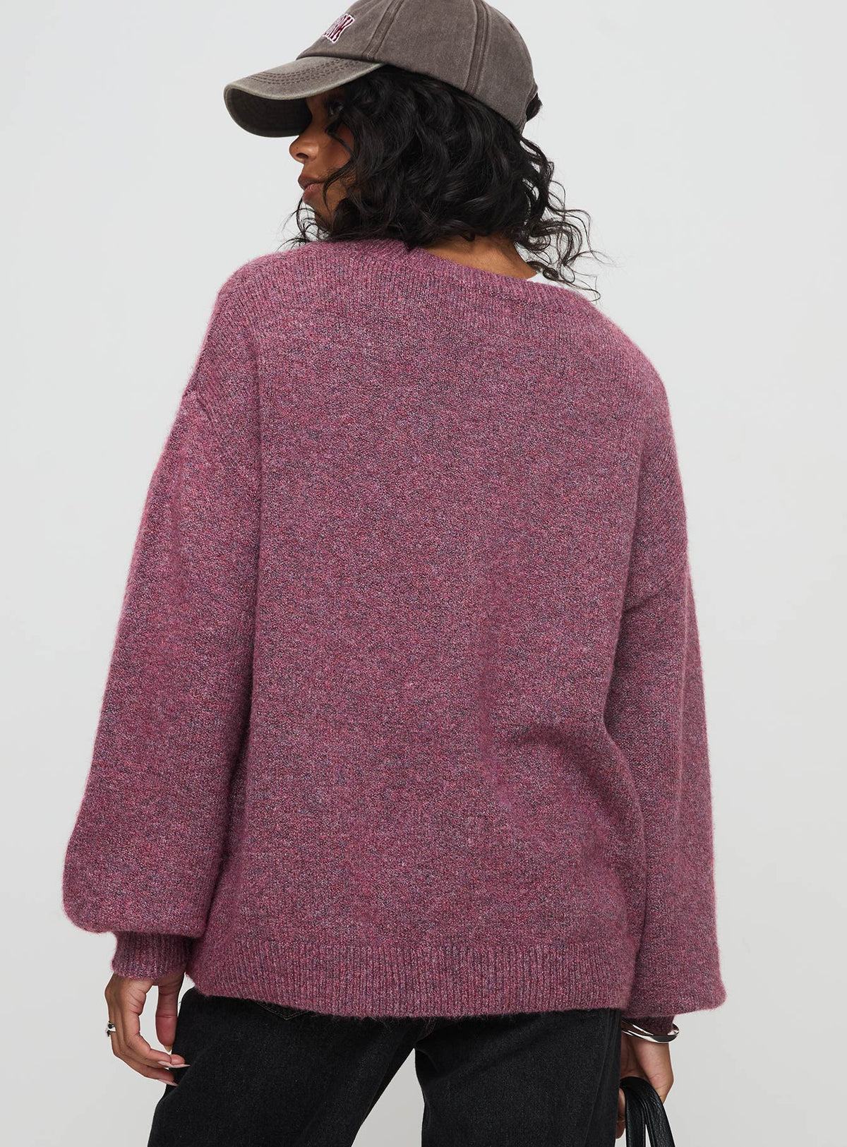 back view of model wearing Princess Polly Ryanna Sweater Burgundy Longline Jumpers Jumpers 