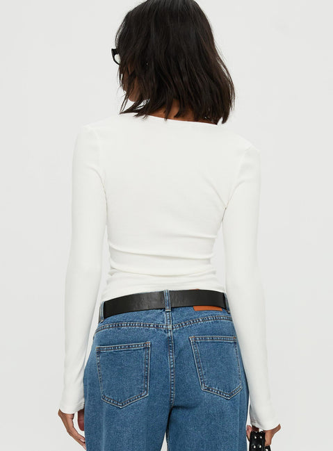 back view of model wearing Princess Polly Baseline Rib Long Sleeve Top White Full Sleeves Scoop Neck 