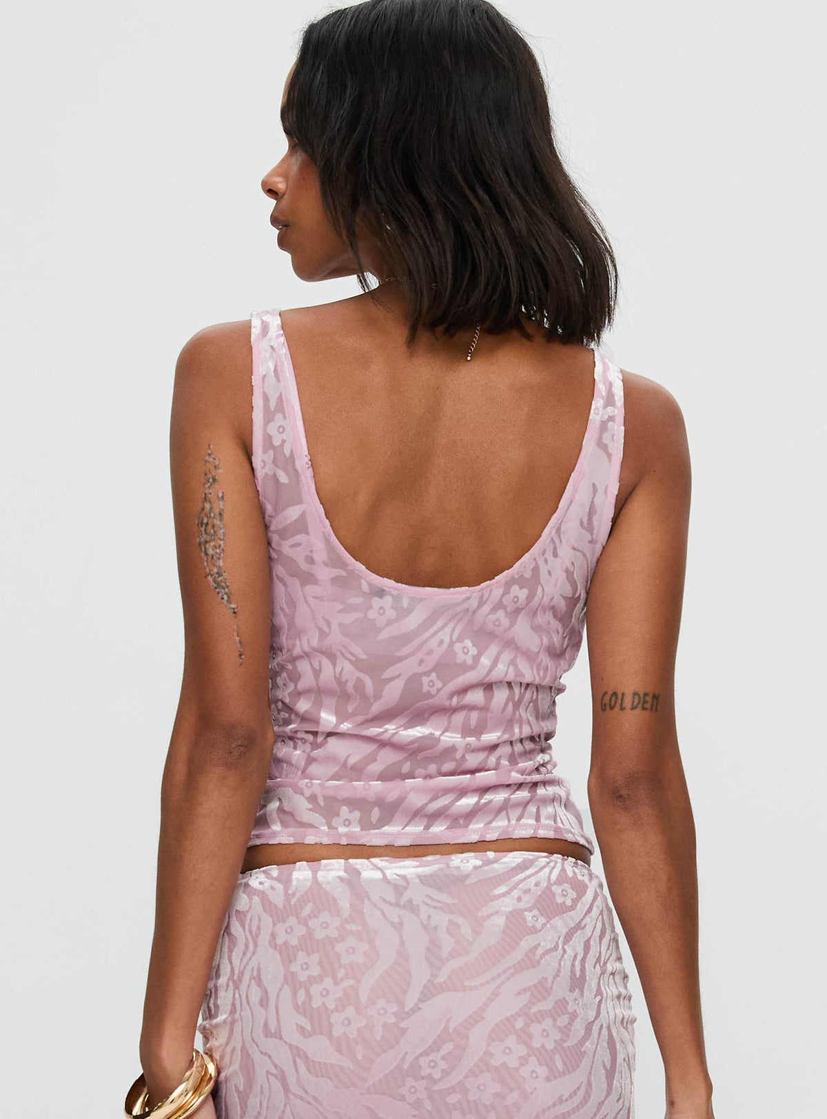 back view of model wearing Princess Polly Delilah Top Pink Sleeveless Cowl 