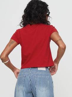 back view of model wearing Princess Polly Micah Tee Red Short Sleeves Crew Neck 