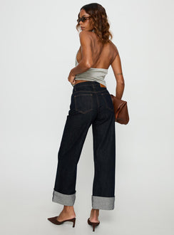 back view of model wearing Princess Polly Squire Mid Rise Straight Leg Folded Hem Jeans Indigo Wash Mid Rise Jeans Jeans 