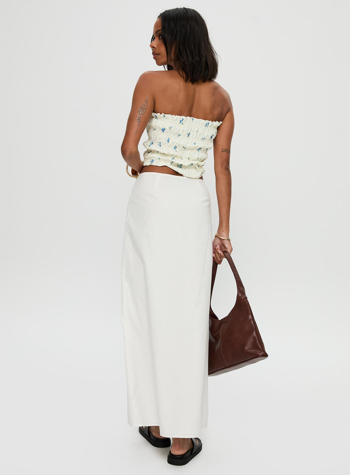 back view of model wearing Princess Polly Jasmira Maxi Skirt White Maxi Skirts Skirts 