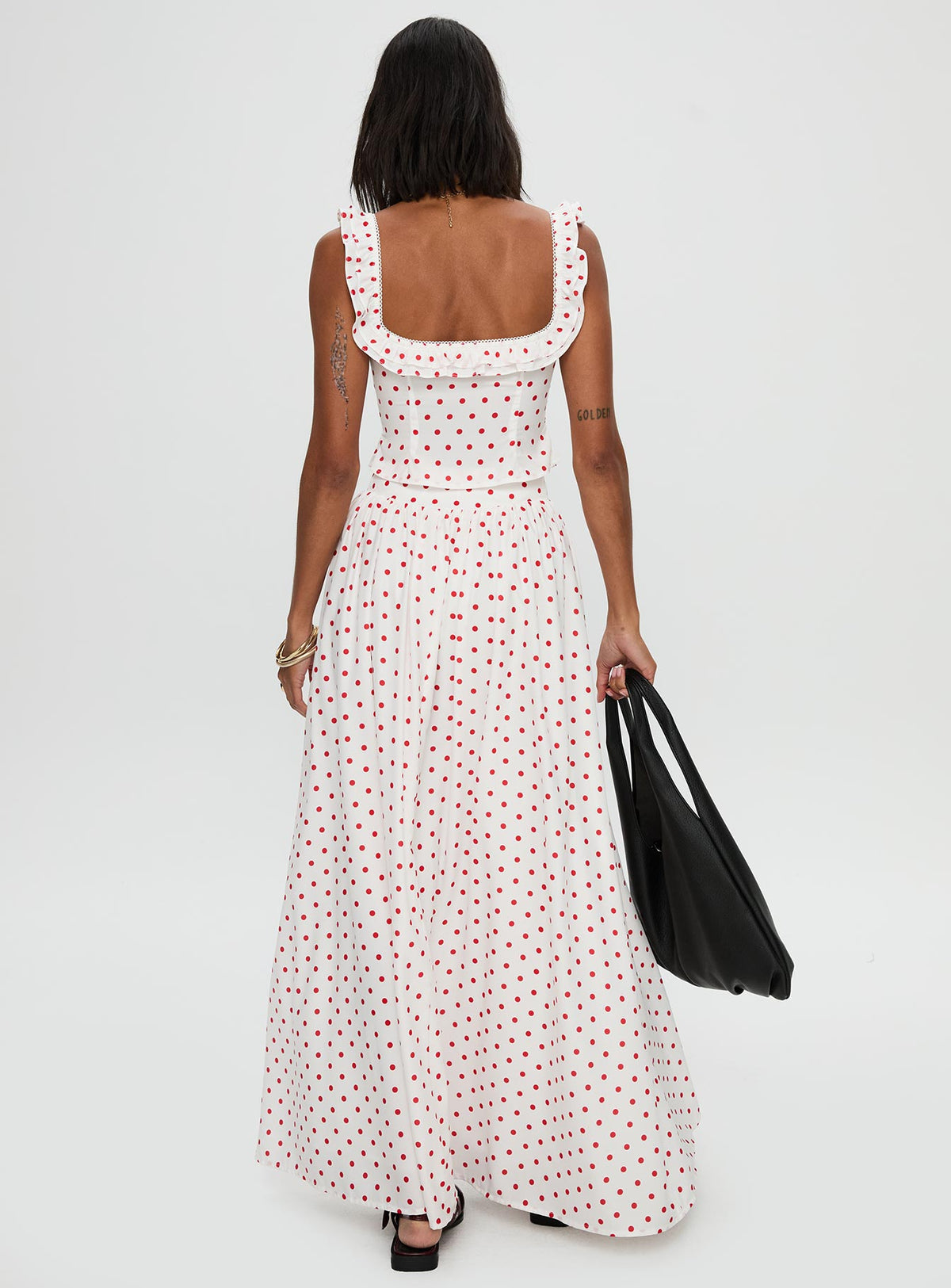 back view of model wearing Princess Polly Valerio Maxi Skirt White / Red Maxi Skirts Skirts 