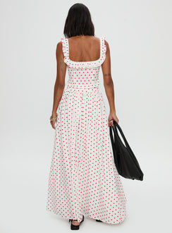 back view of model wearing Princess Polly Valerio Maxi Skirt White / Red Maxi Skirts Skirts 
