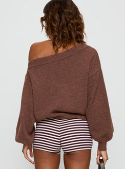 back view of model wearing Princess Polly Noble Off The Shoulder Sweater Chocolate Jumpers 