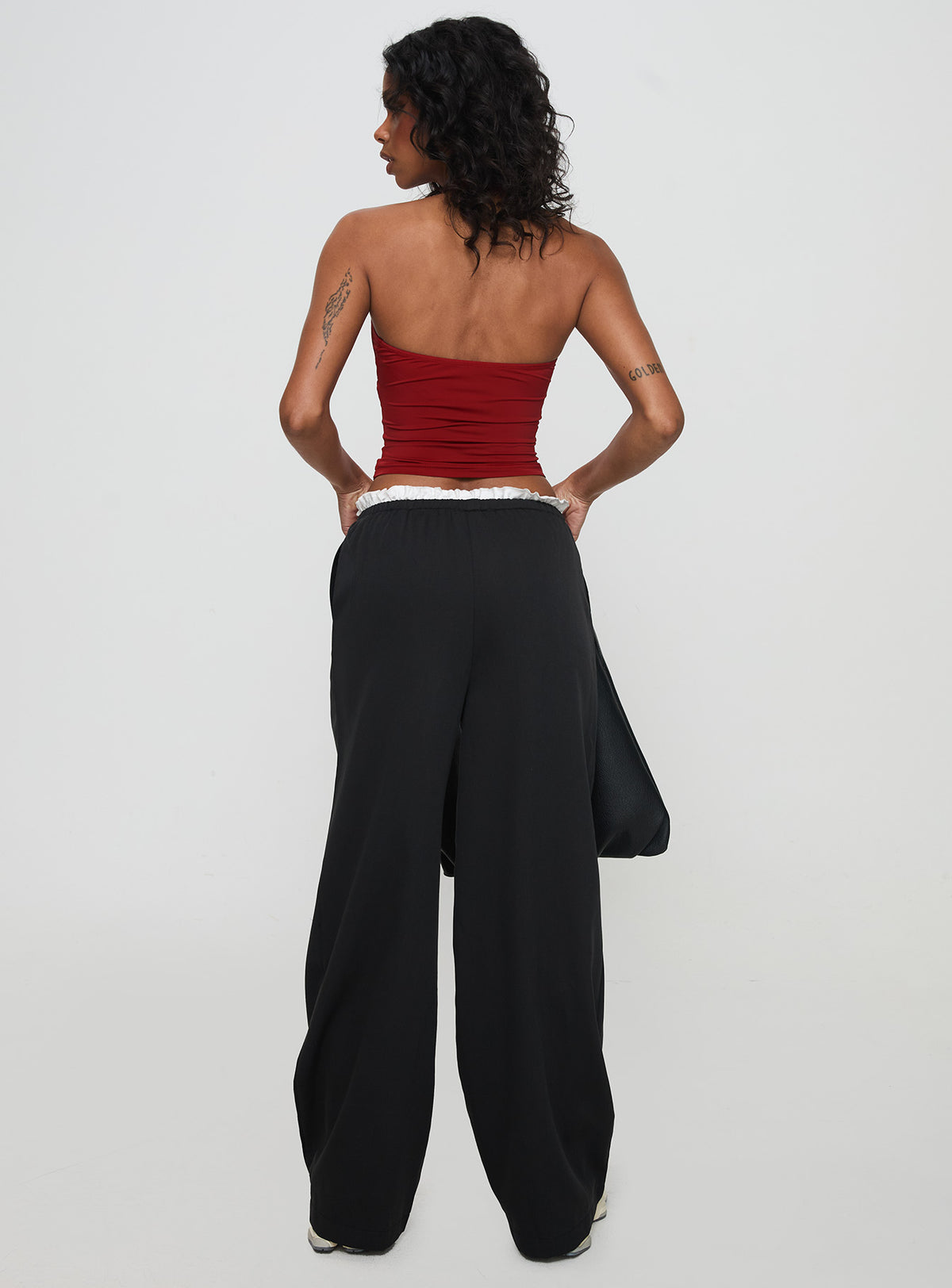 back view of model wearing Princess Polly Pilly Pants Black High Rise Pants Pants 