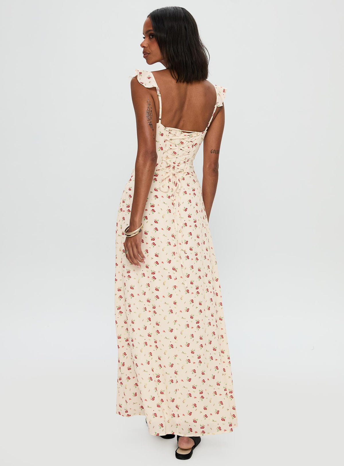 back view of model wearing Princess Polly Maryana Maxi Dress Cream / Multi Sweetheart Neckline 