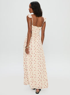 back view of model wearing Princess Polly Maryana Maxi Dress Cream / Multi Sweetheart Neckline 