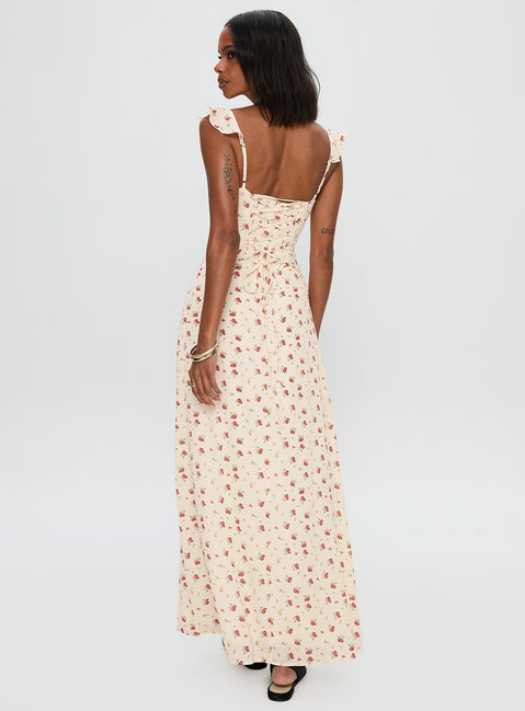 back view of model wearing Princess Polly Maryana Maxi Dress Cream / Multi Sweetheart Neckline 