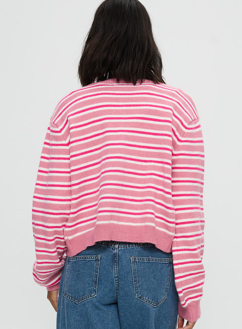 back view of model wearing Princess Polly Heavenly Dream Cardigan Pink Stripe Cropped Jumpers Jumpers 