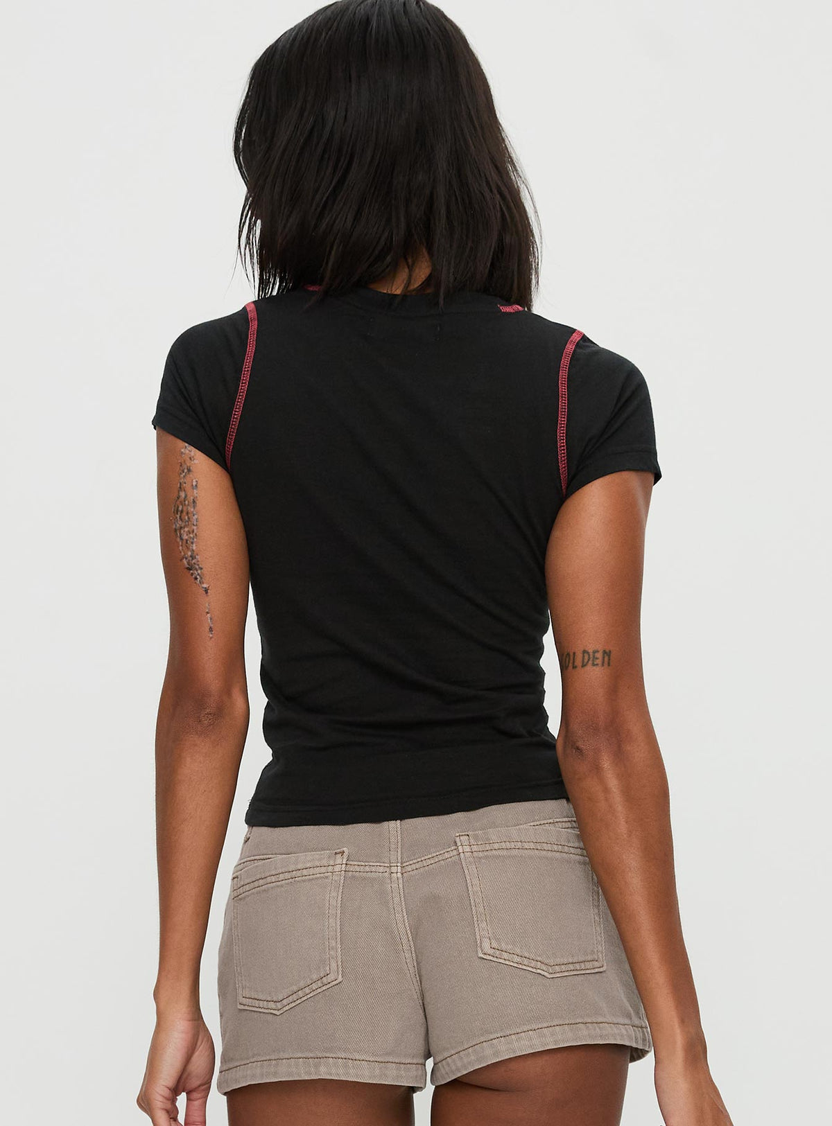back view of model wearing Princess Polly Cherrie Kisses Top Black Short Sleeves Crew Neck 