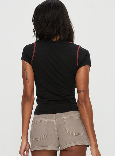 back view of model wearing Princess Polly Cherrie Kisses Top Black Short Sleeves Crew Neck 