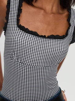 back view of model wearing Princess Polly Trustfund Lace Trim Bodysuit Black / White Check Sleeveless Bodysuit 