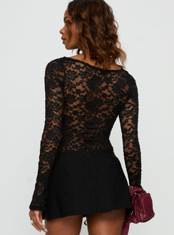 back view of model wearing Princess Polly Anjolene Lace Wrap Bust Bodysuit Black Long Sleeve Tops Bodysuit 
