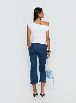 back view of model wearing Princess Polly Cindee High Rise Cropped Jeans Mid Blue Wash High Rise Jeans Jeans 