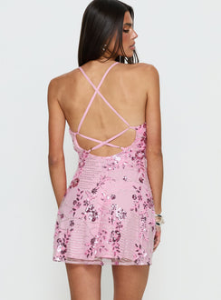Steffie Beaded Backless Mini Dress Pink