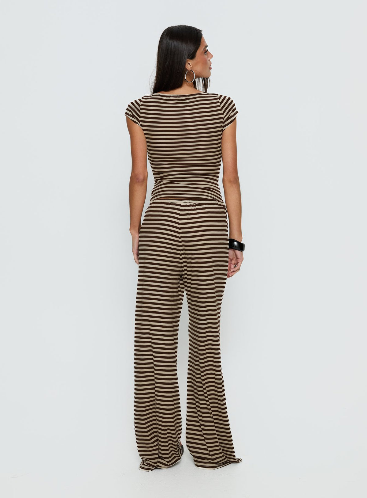 back view of model wearing Princess Polly Gavrielle Jersey Wide Leg Pants Chocolate / Cream Stripe Mid Rise Pants Pants 