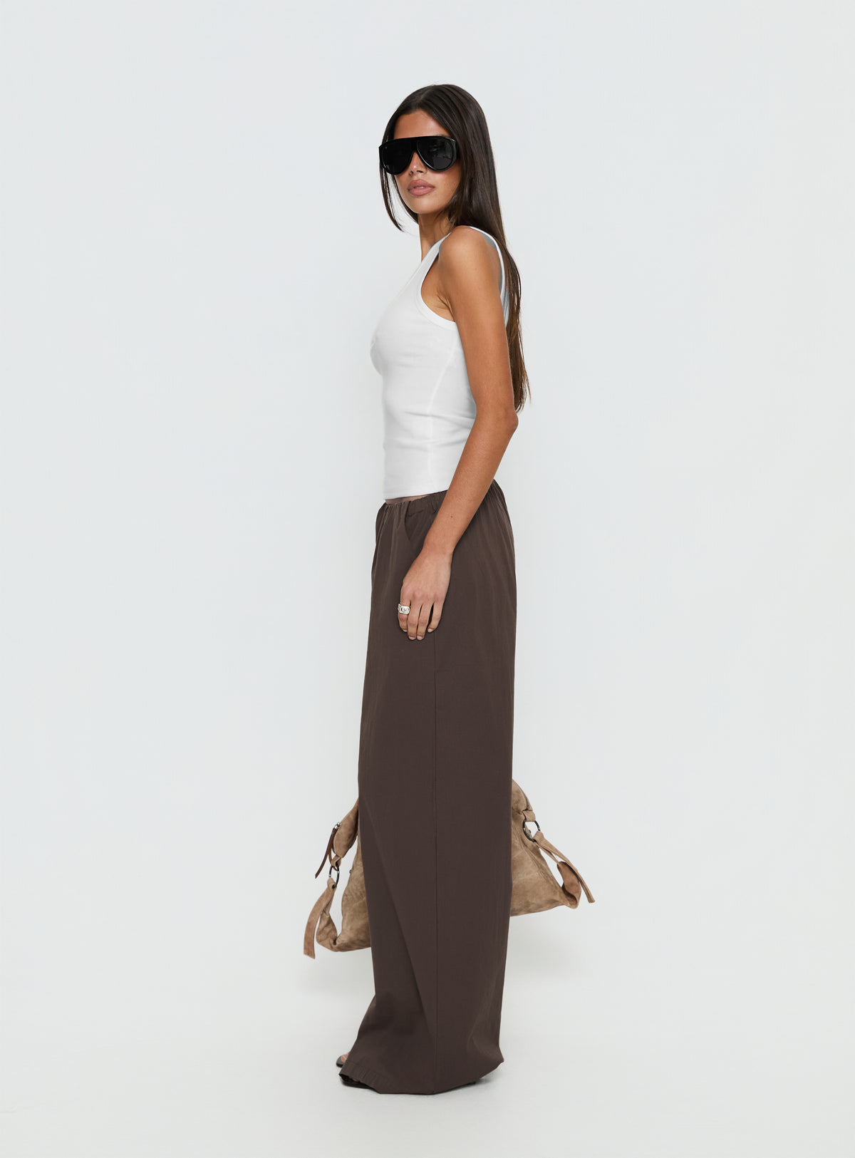 Presenting Lunea Concealed Waistband Pants Brown Petite womens-regular-pants in high-rise Princess Polly
