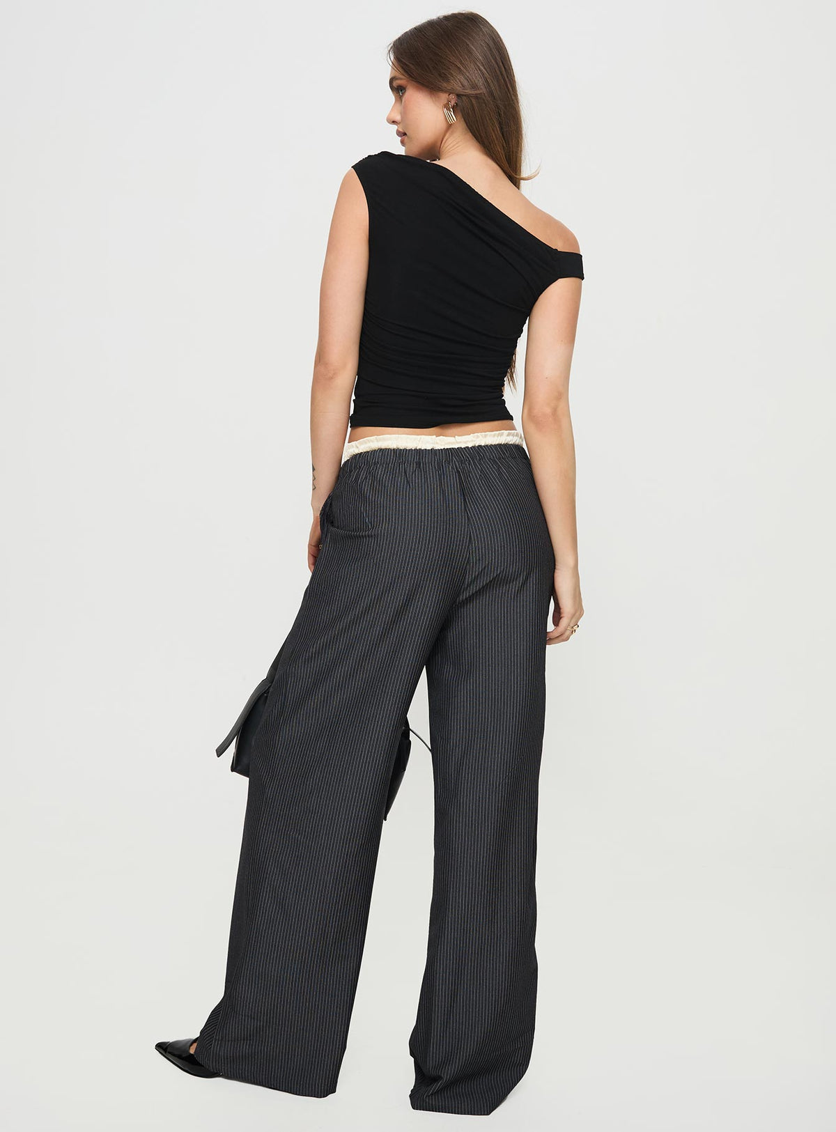back view of model wearing Princess Polly Seraphic Pants Charcoal Stripe High Rise Pants Pants 