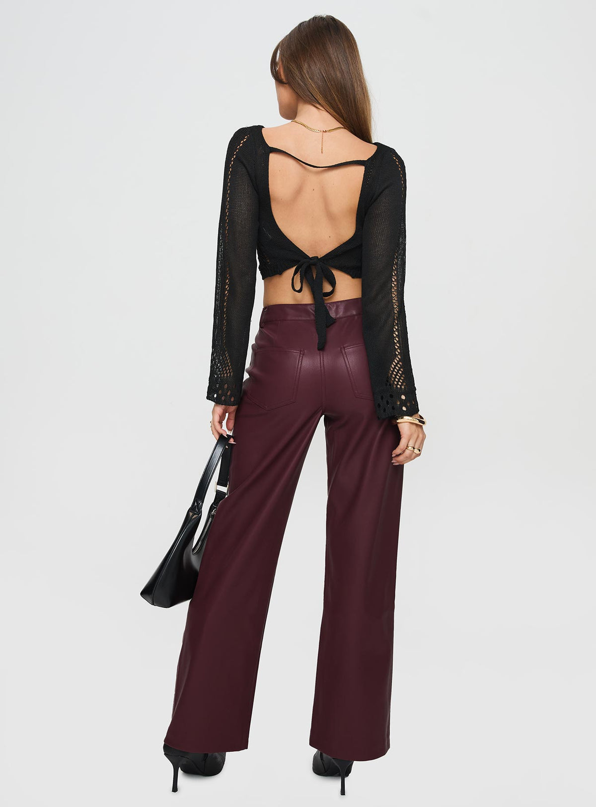 back view of model wearing Princess Polly Dempsey Faux Leather Pants Deep Cherry High Rise Pants Pants 
