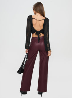 back view of model wearing Princess Polly Dempsey Faux Leather Pants Deep Cherry High Rise Pants Pants 